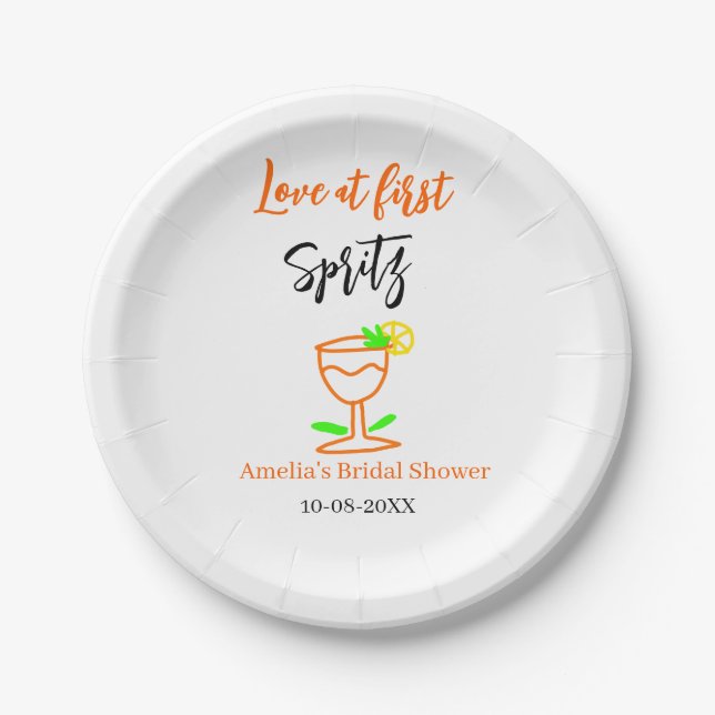 Love at first spritz orange black bridal shower gl paper plate (Front)