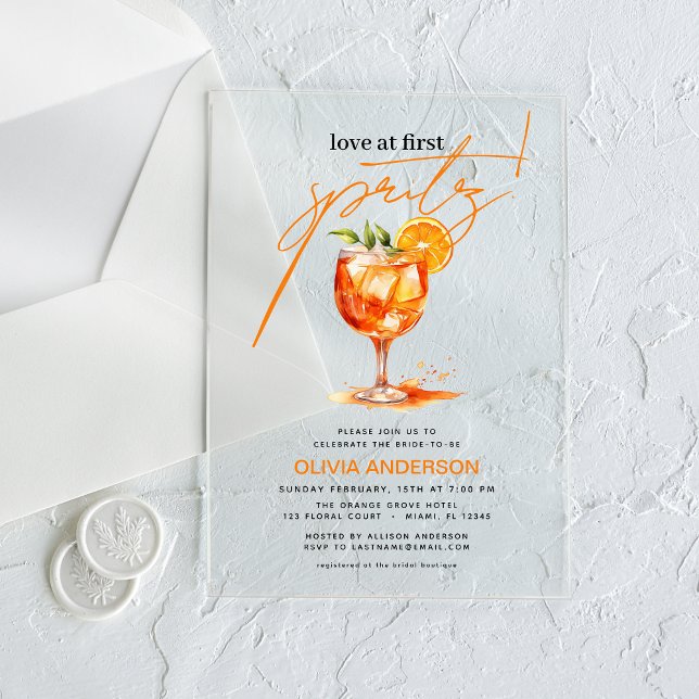 Love at First Spritz Orange Bridal Shower  Acrylic Invitations (Creator Uploaded)