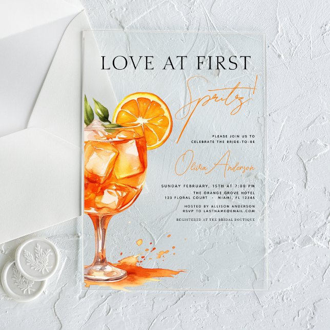 Love at First Spritz Orange Bridal Shower  Acrylic Invitations (Creator Uploaded)