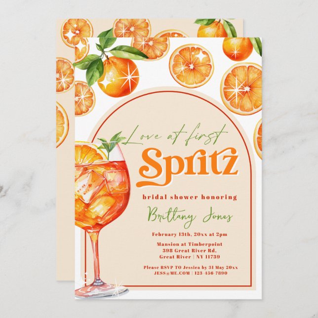 Love at First Spritz Orange Groovy Bridal Shower Invitation (Front/Back)