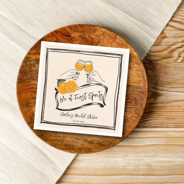 Love at first spritz retro orange bridal shower napkin (Love at first spritz retro orange hand drawn sketch border bridal shower template napkins modern )