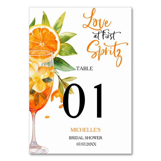 Love at First Spritz Summer Cocktail Bridal Shower Table Number (Front)