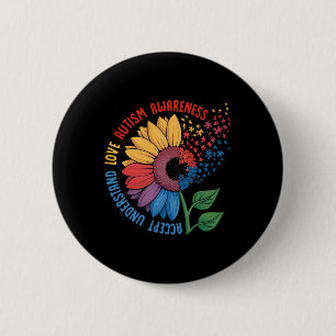 Love Autism Awareness Sunflower Puzzle Piece Quote 6 Cm Round Badge