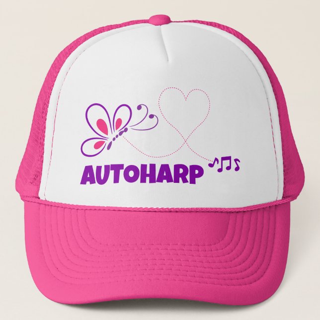 Love Autoharp Pink Purple Butterfly Heart Trucker Hat (Front)
