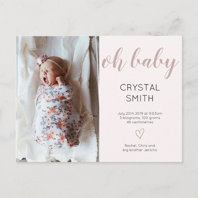 Love baby Girl Birth Announcement Postcard (Front)