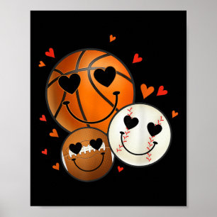 Love Baseball Basketball Football Retro Smile Face Poster