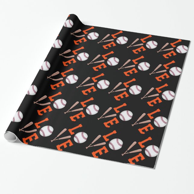 Love Baseball (Orange & Black) Wrapping Paper (Unrolled)