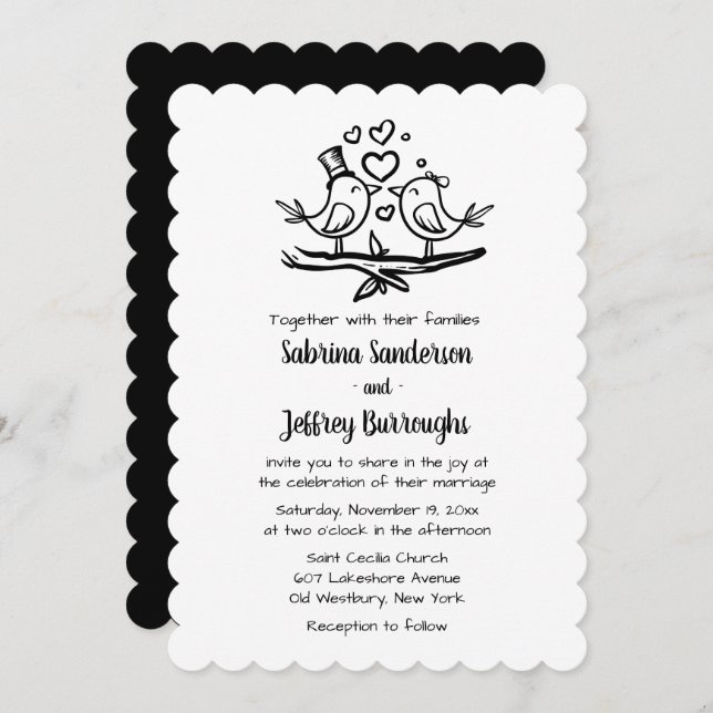 Love Bird Black White Lovebirds Wedding Invitation (Front/Back)