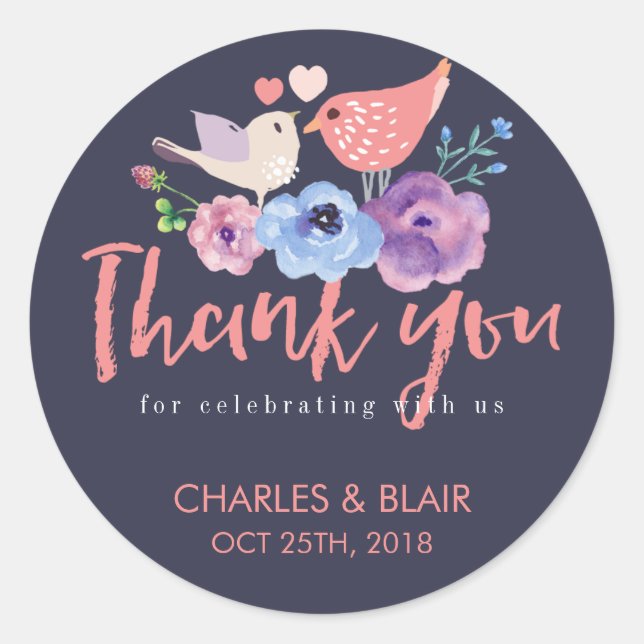 Love Bird Flower Thank You Script Wedding Sticker (Front)
