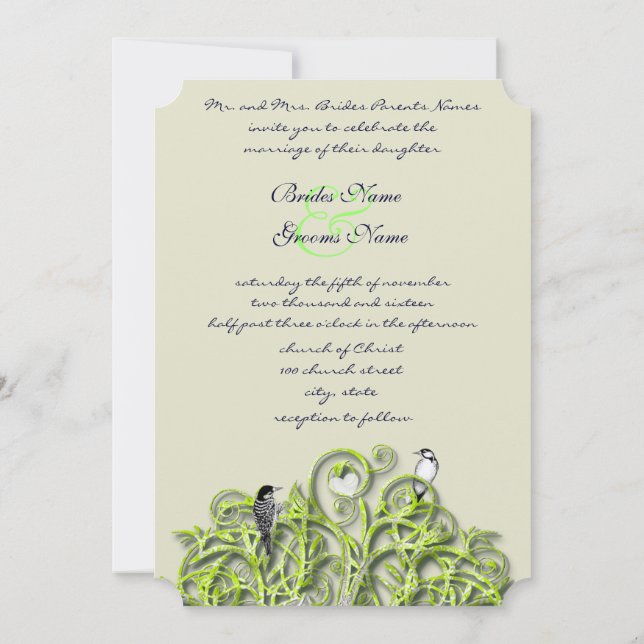 Love Bird Green Swirl Tree Wedding Invitation #2 (Back)