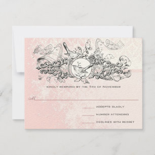 Love Bird Pink Musical Scroll Monogram RSVP Card