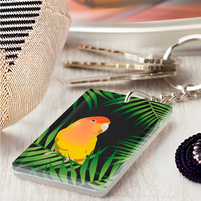 Love Bird Vibrant Yellow Black Tropical Leaves Pet Key Ring (Creator Uploaded)