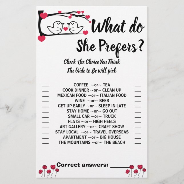Love Bird Would She prefer Bridal Shower Game Card (Front)
