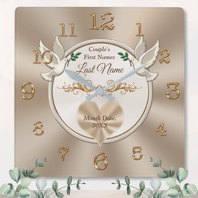 Love Birds and Heart Personalised Wedding Clock (Personalised bridal shower gift. Wedding clock gift. Taupe wall clock. Bridal shower gifts for bride)