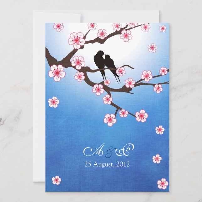 Love birds and Sakura - Blue Background Invitation (Front)