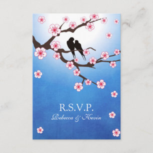 Love birds and Sakura - Blue Background RSVP Card