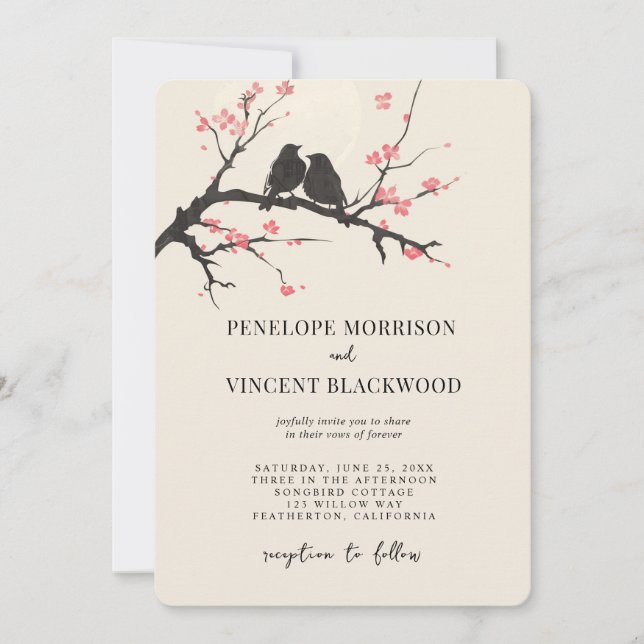 Love Birds and Sakura Wedding Invitation (Front)