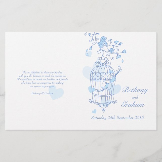 Love birds blue Wedding Programme (Front)