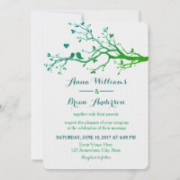 Love Birds Branches Green Hues Wedding Invite