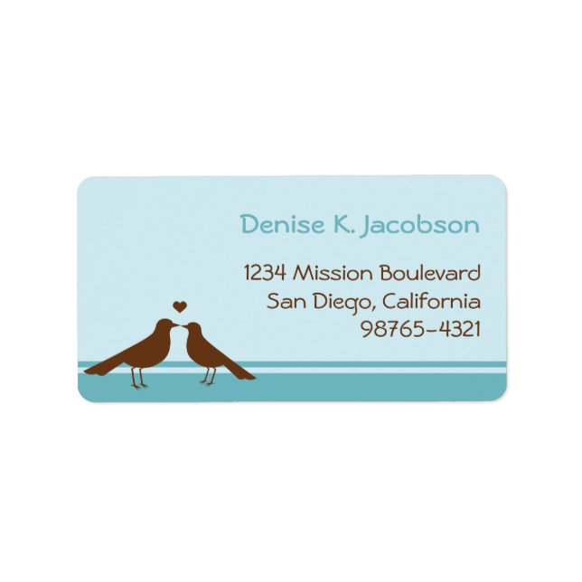 Love birds brown blue stripe custom mailing label (Front)