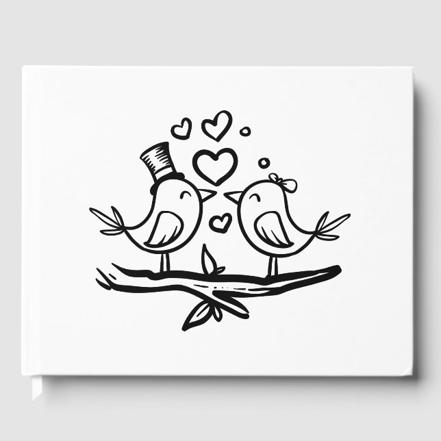 Love Birds Cartoon Lovebirds Black White Wedding Guest Book (Front)