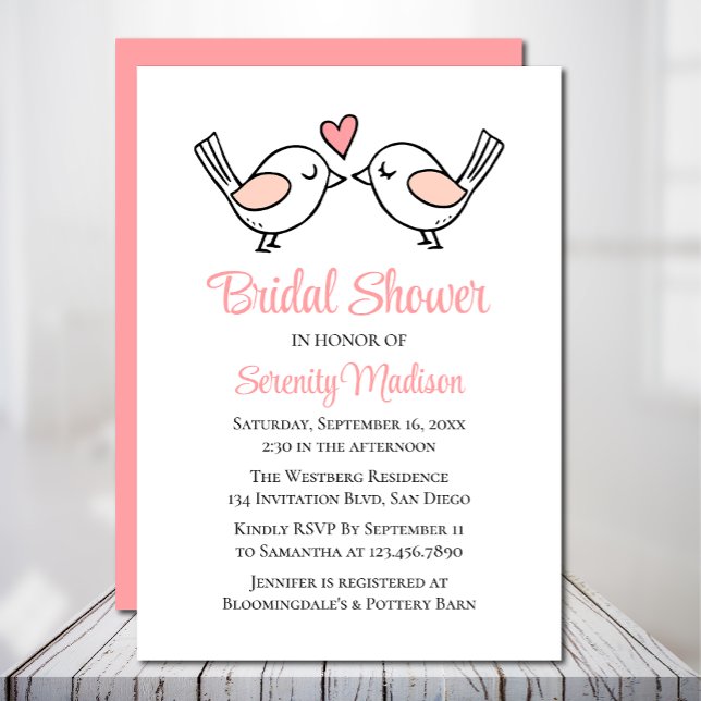 Love Birds Cartoon Lovebirds Pink Bridal Shower Invitation (Creator Uploaded)
