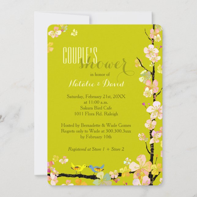 Love Birds Chartreuse Floral Couple's Shower Invitation (Front)