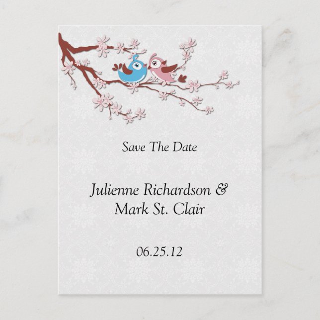 Love Birds Cherry Blossoms Save The Date Announcement Postcard (Front)