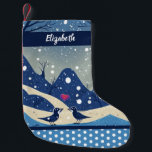Love Birds Christmas Couple Red Heart Winter Snow Small Christmas Stocking<br><div class="desc">Winter birds sit on the ground with snow falling on the hills around them. A pink-red heart floats between their loving gaze. The design is modern,  simple,  and elegant.  Personalise the name and get one for everyone on the team or family. Available in several contemporary designs.</div>
