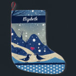 Love Birds Christmas Couple Red Heart Winter Snow Small Christmas Stocking<br><div class="desc">Winter birds sit on the ground with snow falling on the hills around them. A pink-red heart floats between their loving gaze. The design is modern,  simple,  and elegant.  Personalise the name and get one for everyone on the team or family. Available in several contemporary designs.</div>