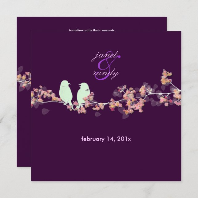 Love birds/colourful pink cherry/sakura blossoms invitation (Front/Back)