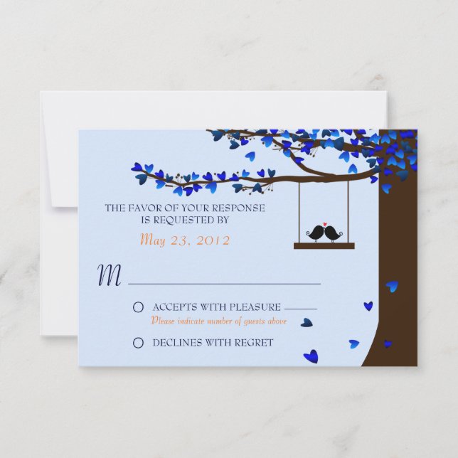 Love Birds Falling Hearts Blue RSVP Card (Front)