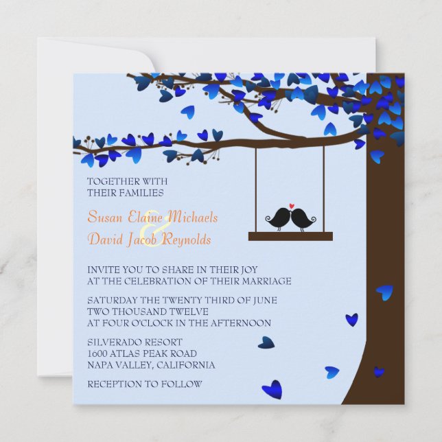 Love Birds Falling Hearts Oak Tree Blue Invitation (Front)