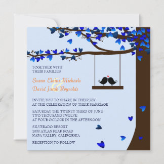 Love Birds Falling Hearts Oak Tree Blue Invitation