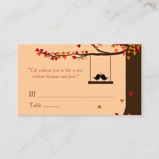 Love Birds Falling Hearts Oak Tree Name Cards (Front)