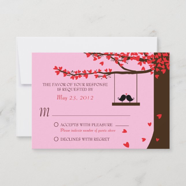 Love Birds Falling Hearts Oak Tree RSVP Card (Front)