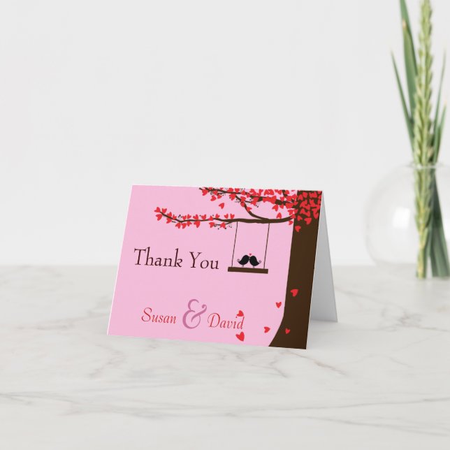 Love Birds Falling Hearts Oak Tree Thank You Note (Front)