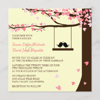 Love Birds Falling Hearts Oak Tree Wedding Invite