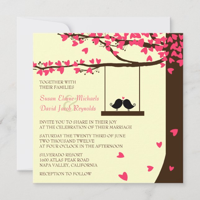 Love Birds Falling Hearts Oak Tree Wedding Invite (Front)