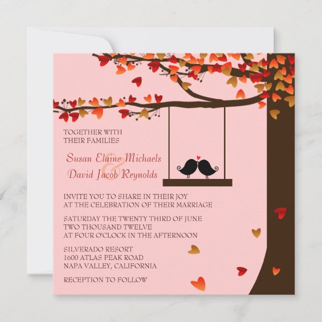 Love Birds Falling Hearts Oak Tree Wedding Invite (Front)