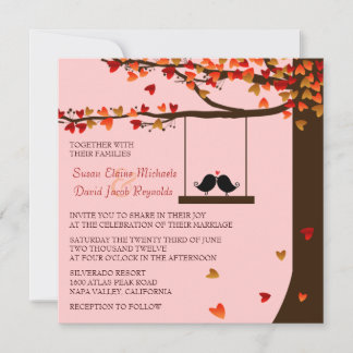 Love Birds Falling Hearts Oak Tree Wedding Invite