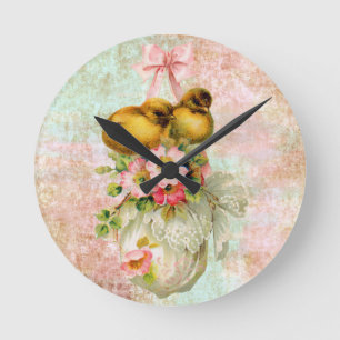 love birds Flower Vintage Easter Card art  Round Clock