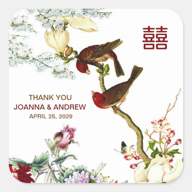Love Birds & Flowers Chinese Wedding Thank You © Square Sticker (Front)