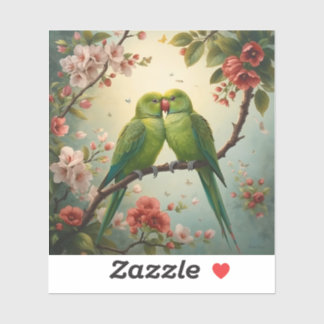Love Birds | Green Parrots Among Blossoms