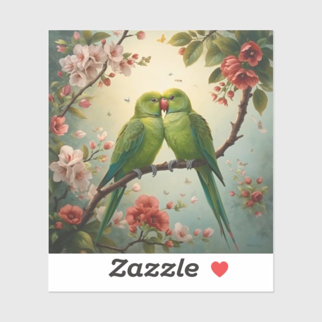 Love Birds | Green Parrots Among Blossoms  (Sheet)