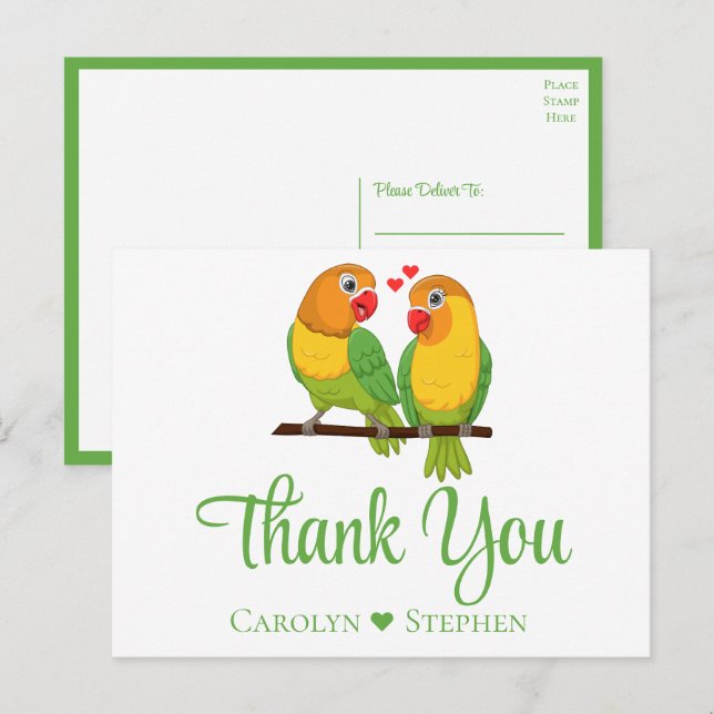 Love Birds Green Yellow Lovebird Wedding Thank You Postcard (Front/Back)