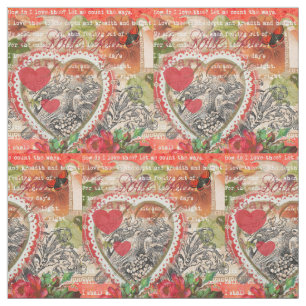 Love Birds Heart Red Art Collage Fabric