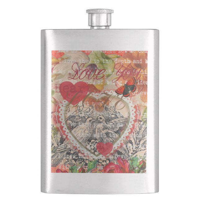 Love Birds Heart Red Art Collage Hip Flask (Front)
