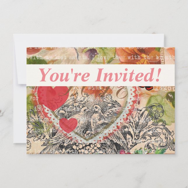 Love Birds Heart Red Art Collage Invitation (Front)