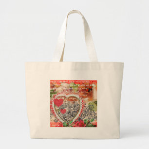 Love Birds Heart Red Art Collage Large Tote Bag